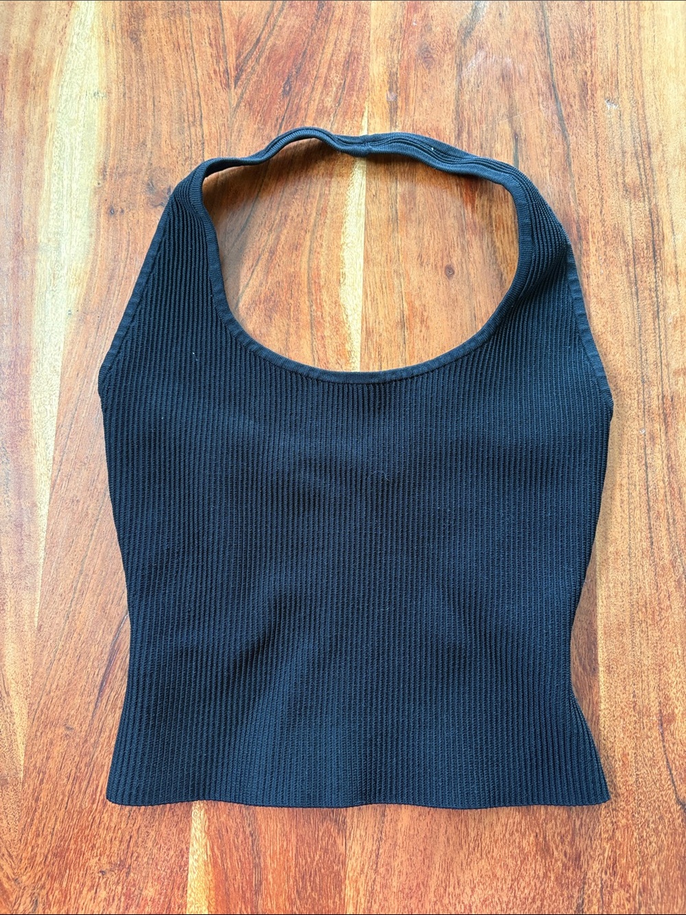 BABATON Black Ribbed crop Halter Tank Top